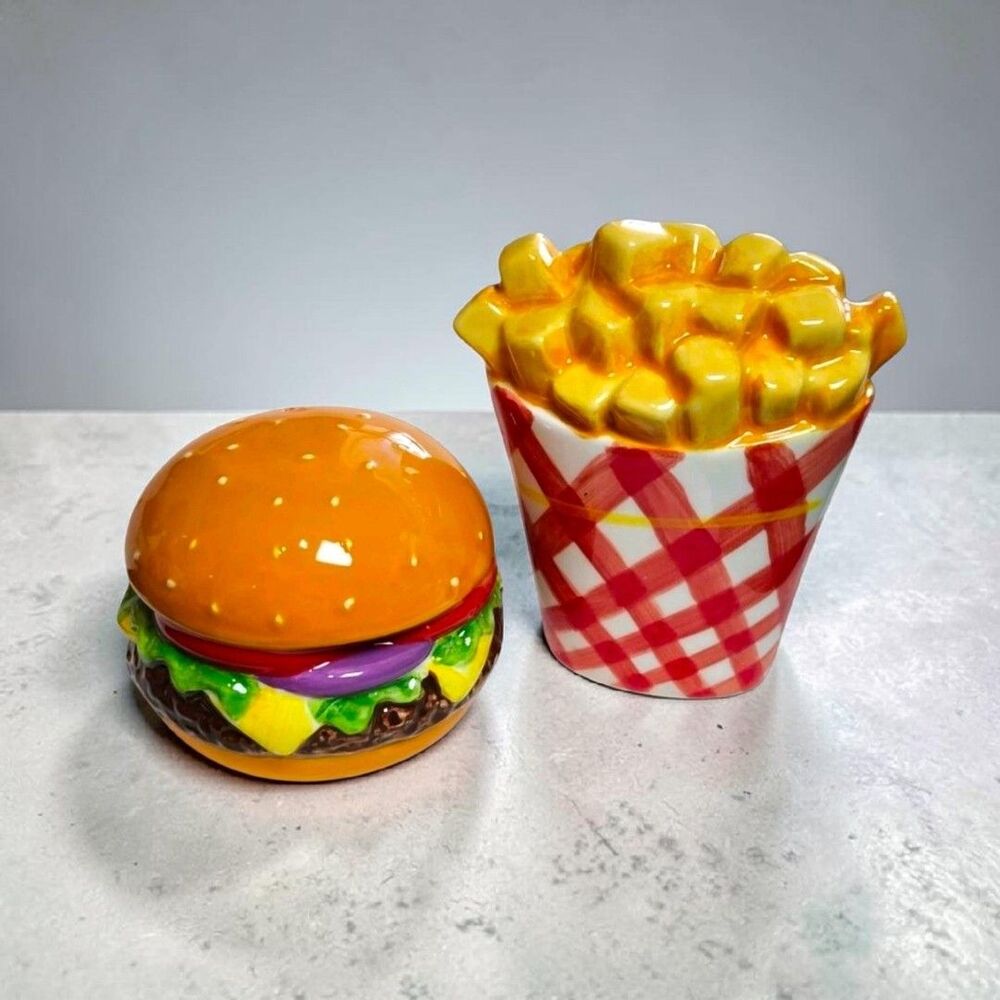 Clay Art Burger Fries Salt Pepper Shakers Set NOS Ceramic Retro Diner Kitchen
